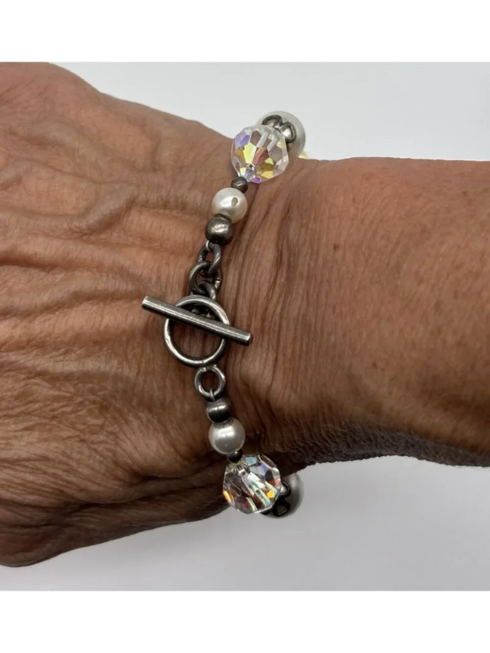 Artisan Made Bracelet With Faceted AB Crystals Faux Pearls Sterling Toggle Clasp